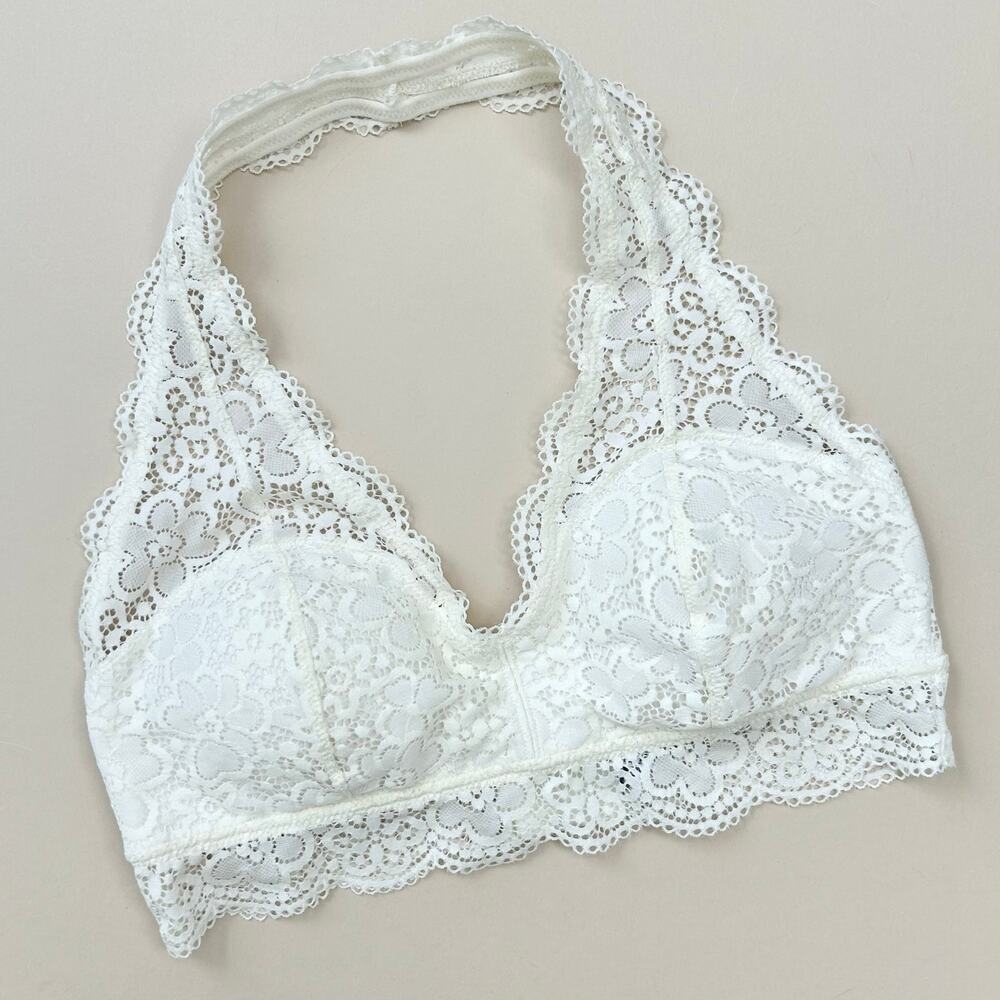 Aerie Ivory Padded Sheer Lace Cotton Lined Halter Bralette SIZE LARGE